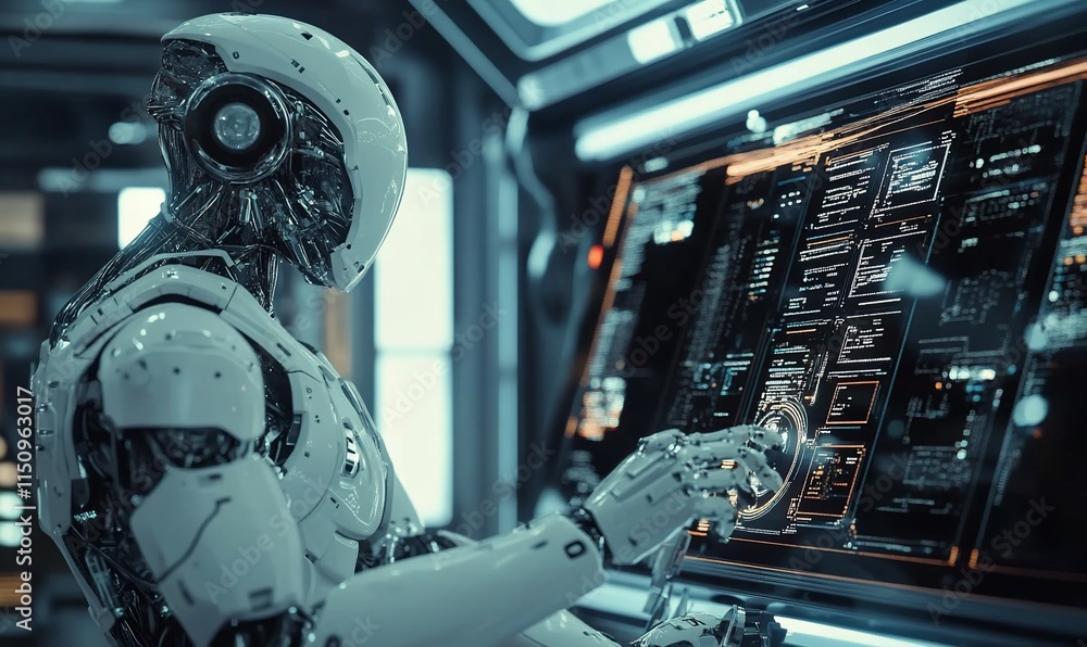 Poster a humanoid robot interacts with a futuristic control panel in a high-tech environment.