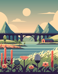 Vector illustration of landscape with mountain view and river. Travel poster of arch bridge and mountain