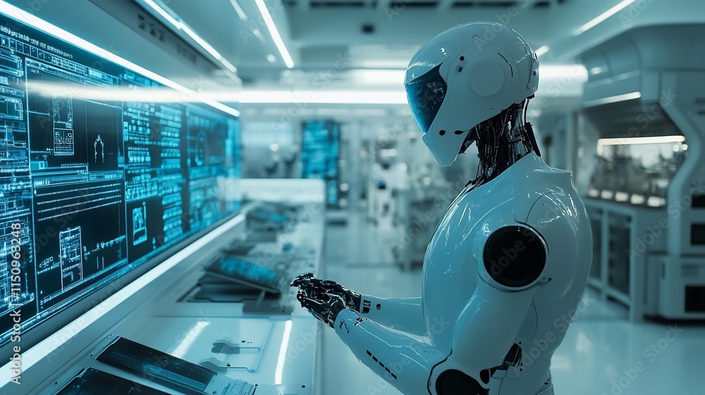 Poster a humanoid robot interacts with digital screens in a futuristic lab environment.