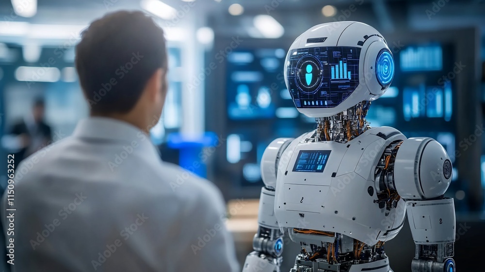 Poster a humanoid robot interacts with a person in a high-tech environment.