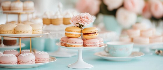 Festive table setting concept. Delicious pastel macarons elegantly displayed on a table with floral accents.