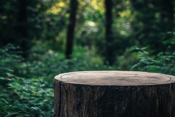 Fototapeta premium Wooden stump table in lush green forest.