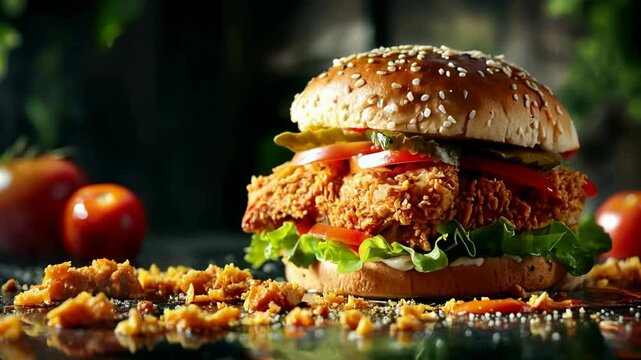 A chicken sandwich with lettuce and tomato is falling from the sky in a cinematic style
