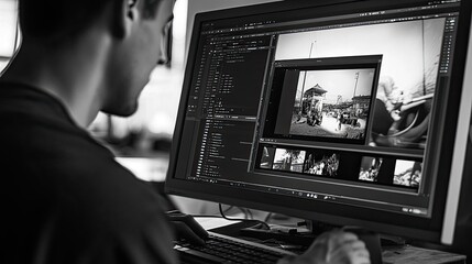 Man editing photos on a large computer monitor.