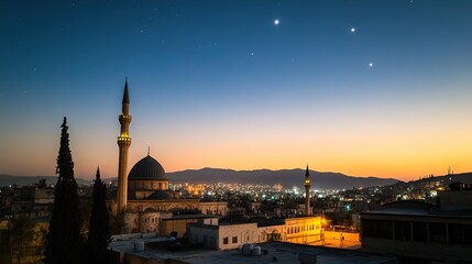 Fototapeta premium Damascus Mosque at Evening, With Three Big Stars Illuminating the Sky Above