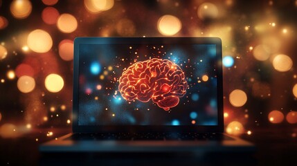 A laptop displays a glowing brain amidst a backdrop of colorful bokeh lights.