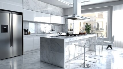 Modern white kitchen with marble island, stainless steel appliances, and transparent chairs.