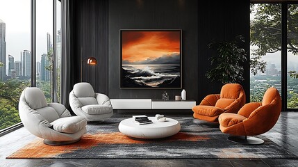 Modern Living Room with City View and Abstract Art