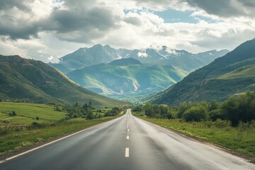 Naklejka premium Scenic mountain road disappearing into the valley under cloudy sky.