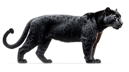 Fototapeta premium Profile view of a majestic black jaguar, isolated on white background.