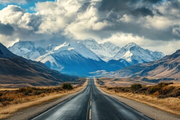 Fototapeta premium Scenic highway vanishing point leading to snow-capped mountains under dramatic sky.