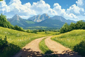 Scenic mountain landscape with winding dirt road through lush green field under sunny sky.