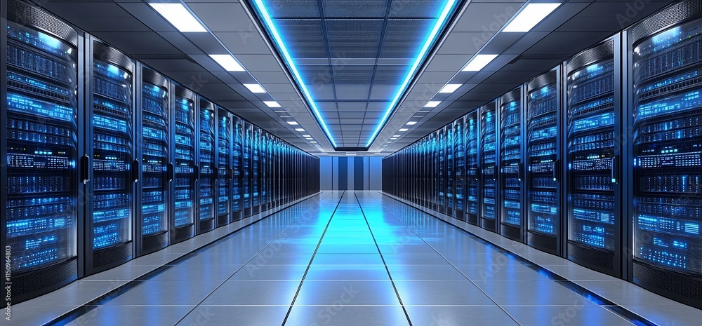Poster a modern data center with rows of servers illuminated by blue lights.