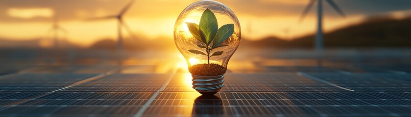 Light bulb with a green plant inside, surrounded by solar panels and windmills, symbolizing alternative energy, ecology, and clean energy solutions for sustainability