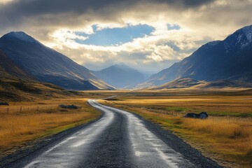 Fototapeta premium Winding road through autumnal mountain valley, sunlight breaks through clouds.
