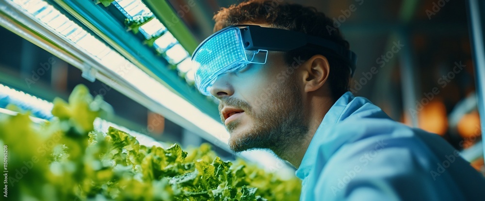 Poster a person using technology to monitor plants in a controlled environment.