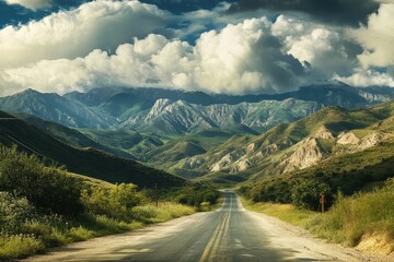Fototapeta premium Scenic mountain road winding through a valley under a dramatic sky.