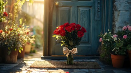 Fototapeta premium A cozy and heartwarming doorstep delivery scene with a bouquet of fresh red roses tied in a satin bow,