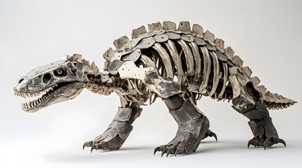 The skeleton of an Ankylosaurus, highlighting its armored body and clubbed tail, on a white backdrop