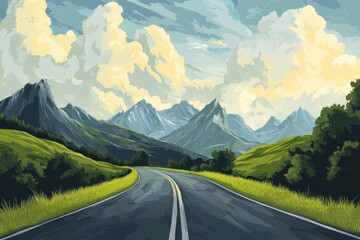 Fototapeta premium Scenic mountain road winding through lush green valleys under a cloudy sky.