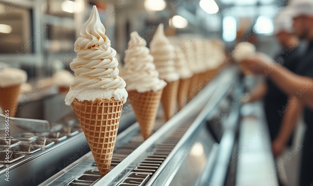 Poster a row of ice cream cones with soft-serve swirls in a dessert shop.