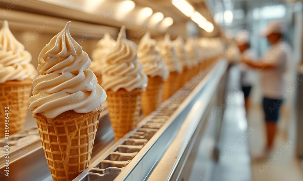 Poster a row of soft-serve ice cream cones in a shop setting.