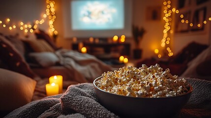 A dreamy movie night atmosphere featuring a giant cozy blanket fort illuminated by string fairy lights, soft pillows, a large popcorn bowl, and candles casting a romantic glow,