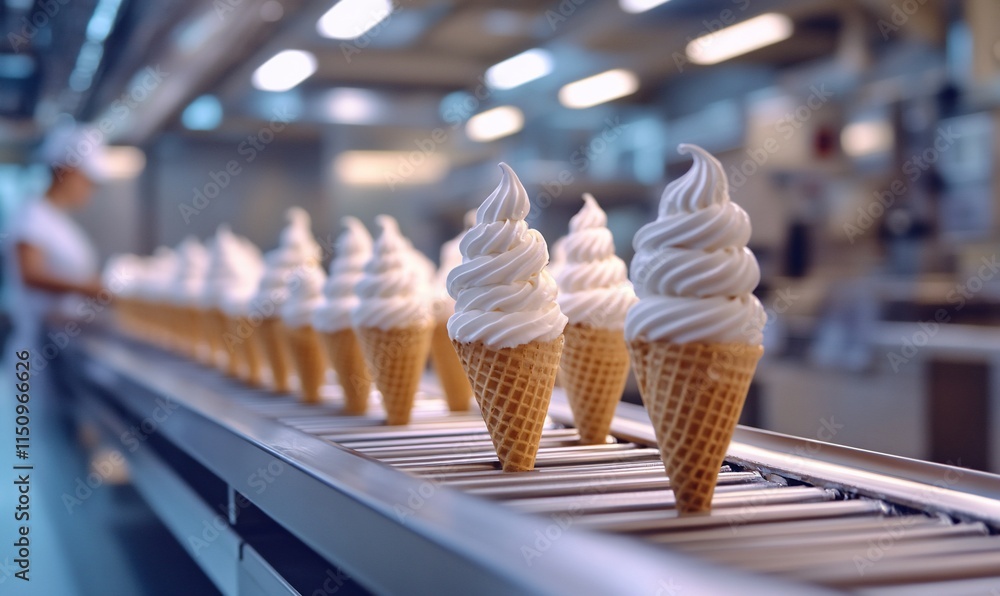 Poster a row of ice cream cones with soft serve, ready for serving in a shop.