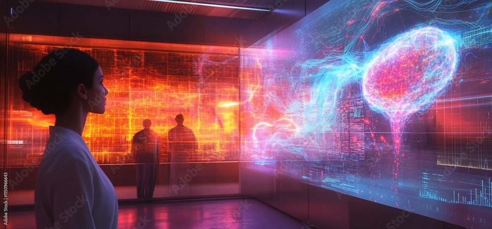 Aufkleber a scientist observes holographic data visualizations in a futuristic lab.