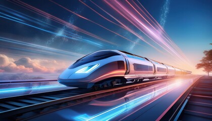 Obraz premium A futuristic train speeds along a track under a vibrant sunset, showcasing sleek design and bright lights.