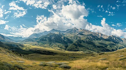 Obraz premium A wide-angle horizontal image of a mountain range.