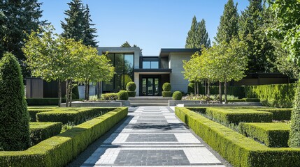 Naklejka premium Modern home with landscaped garden and symmetrical pathways