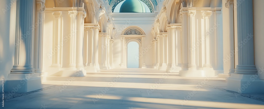 Poster a serene architectural corridor with classical columns and a distant archway.