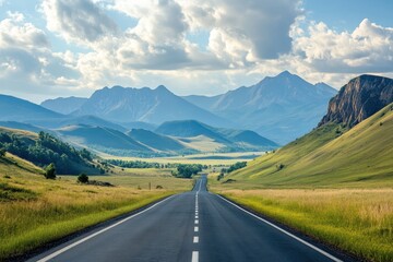 Naklejka premium Scenic highway through a mountain valley on a sunny day.