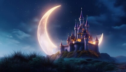 A mystical castle illuminated against a night sky, featuring a large crescent moon, creating a magical and enchanting atmosphere.