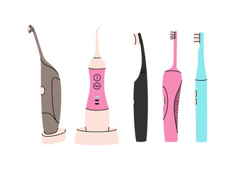 Electric toothbrushes vector set. Dentistry concept, oral care. Different toothbrushes designs. Teeth cleaning accessories. Colorful vector set isolated on a white background