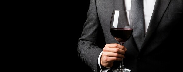 Entrepreneurship and opportunity-based ventures. A well-dressed individual holds a glass of red wine, exuding elegance and sophistication against a dark background.