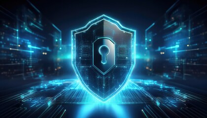 A digital shield with a padlock symbol, glowing in blue, representing cybersecurity and data protection in a futuristic environment.