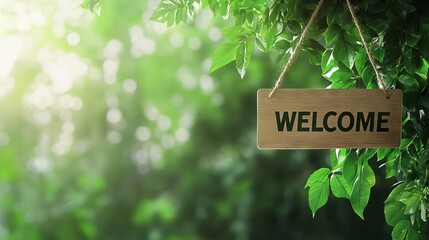 An Illustration of the modern "WELCOME" sign, a blurred background, green concept