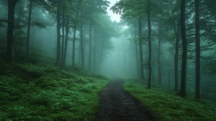 Fototapeta premium Misty forest path, green foliage, tall trees.