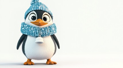 Obraz premium Adorable 3D Cartoon Penguin Wearing a Knitted Blue Scarf and Hat with a White Bell, Isolated on White Background.