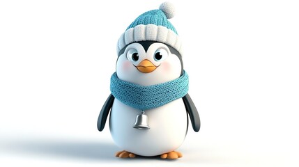 Adorable 3D Cartoon Penguin Wearing a Knitted Blue Scarf and Hat with a White Bell, Isolated on White Background.
