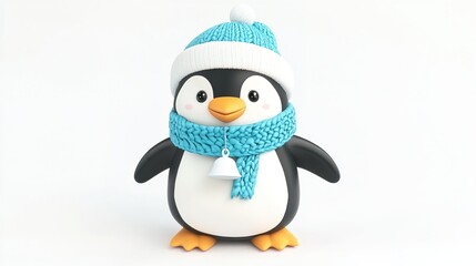 Naklejka premium Adorable 3D Cartoon Penguin Wearing a Knitted Blue Scarf and Hat with a White Bell, Isolated on White Background.