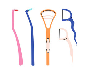 Set of oral hygiene products in a flat style. Different toothbrushes, mono beam brush, tongue scraper, dental floss. Teeth cleaning accessories. Colorful vector set