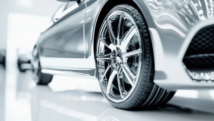 This photograph emphasizes the shiny exterior of a silver vehicle against a clean backdrop.