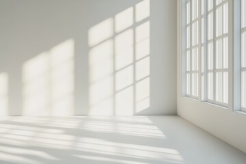Sunlit empty room corner with large windows casting shadows on white walls and floor.