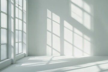 Fototapeta premium Sunlight streams through large window in empty white room, casting shadows on wall and floor.
