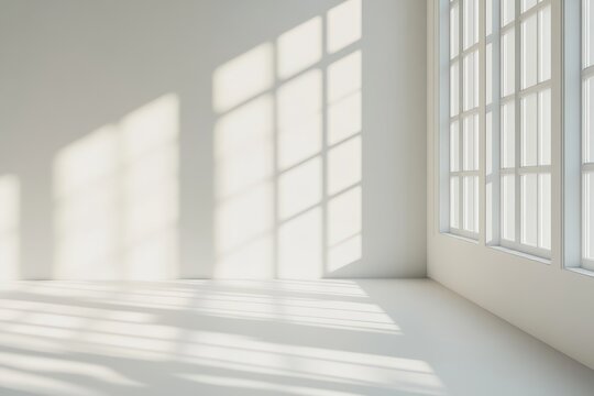 Sunlit empty room corner with large windows casting shadows on white walls and floor.