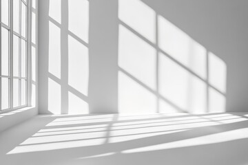Obraz premium Sunlight streams through a large window casting shadows on a white wall and floor in a minimalist room.