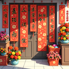 Vibrant chinese new year decorations with colorful flowers and calligraphic banners, digital art of cultural celebration concept.
